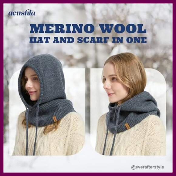 100% Merino Wool Balaclava Hooded Scarf Hat Set Winter Warm Knit Unisex main image 6